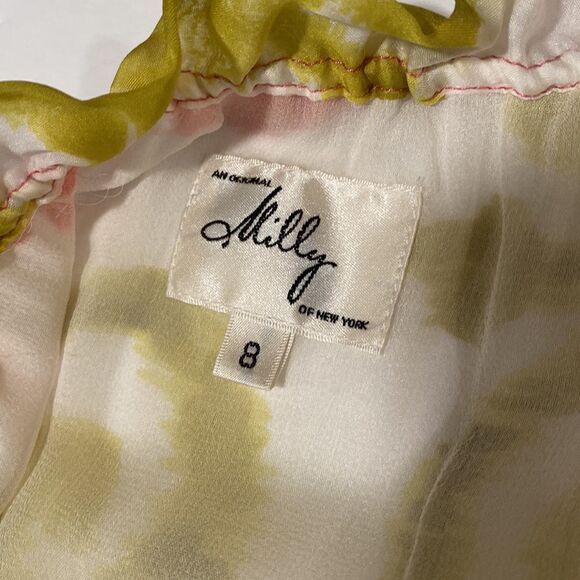 Milly colorful mid length sleeve 100% silk boho ruffle neck top blouse size 8 - Picture 5 of 8